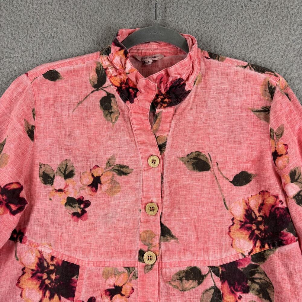 John Mark Linen Tunic Small Floral Lagenlook Cottage Roll Tab Pockets Natural - Picture 2 of 11